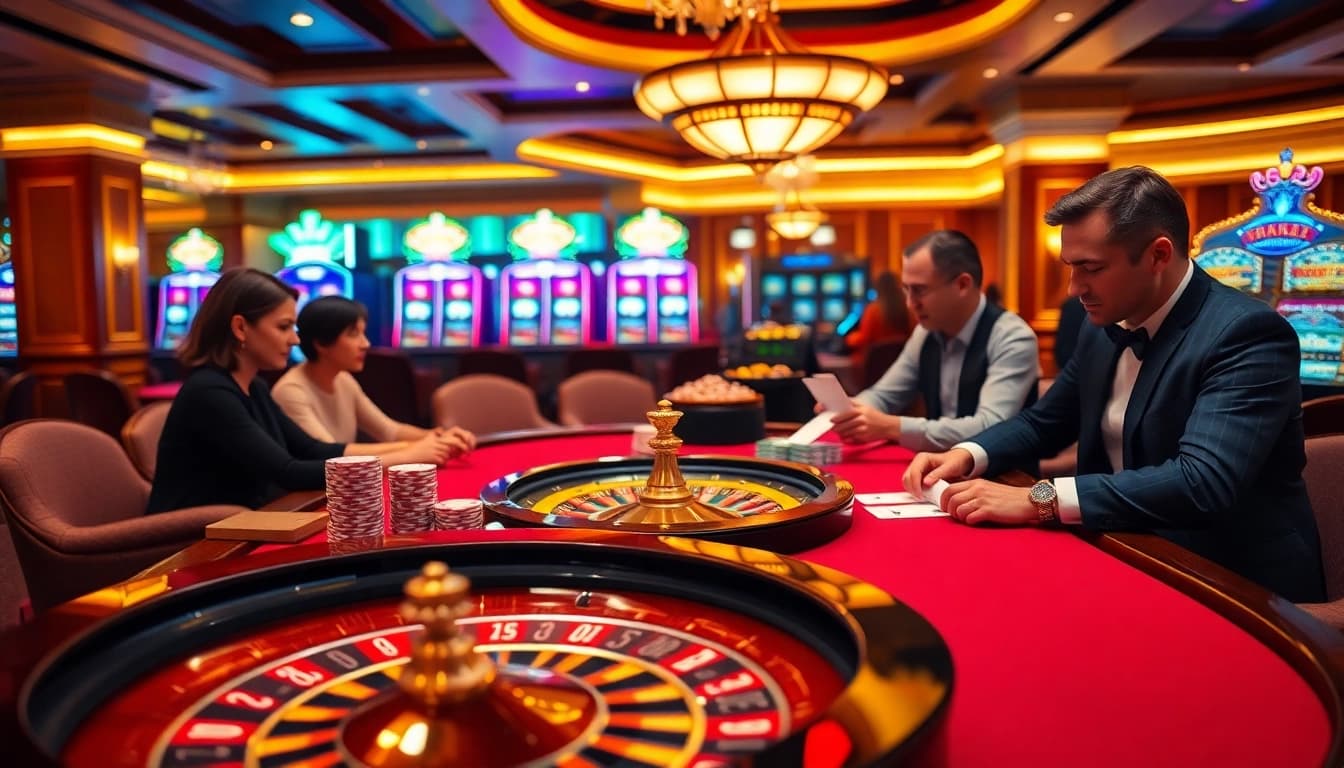 Experience the excitement of Nhà cái Hello88 at a lavish poker table with vibrant chips and a roulette wheel.