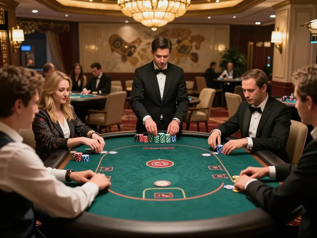 Winbd Vip players engaged in intense poker gameplay at an elegant casino table