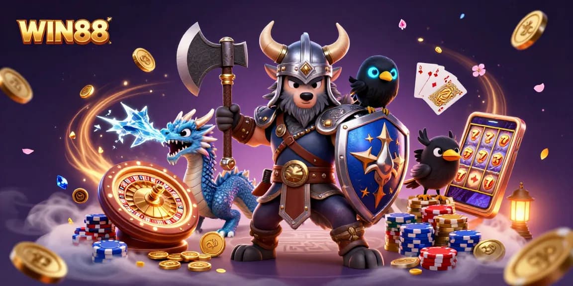 Experience thrilling wins at WIN88 in this vibrant 3D casino-themed illustration featuring dynamic gaming elements.