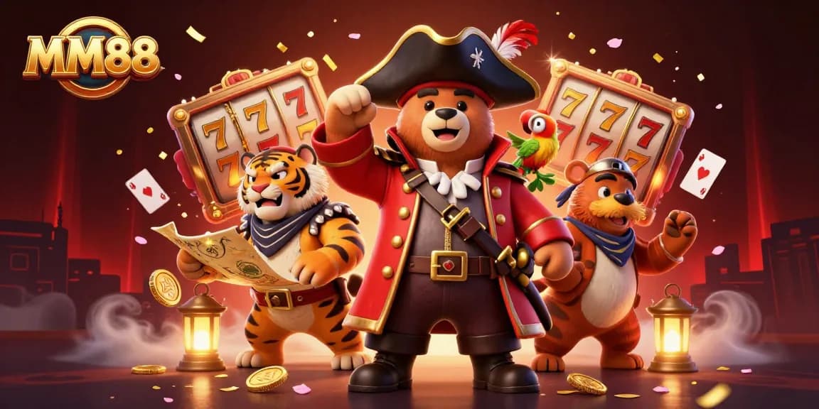 Experience the thrill of MM88 slots with vibrant 3D casino characters amidst lively gaming elements.