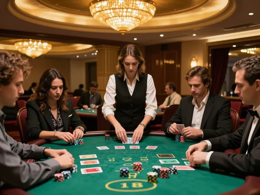 Fly88 players enjoying an upscale blackjack game at an elegant table with warm lighting