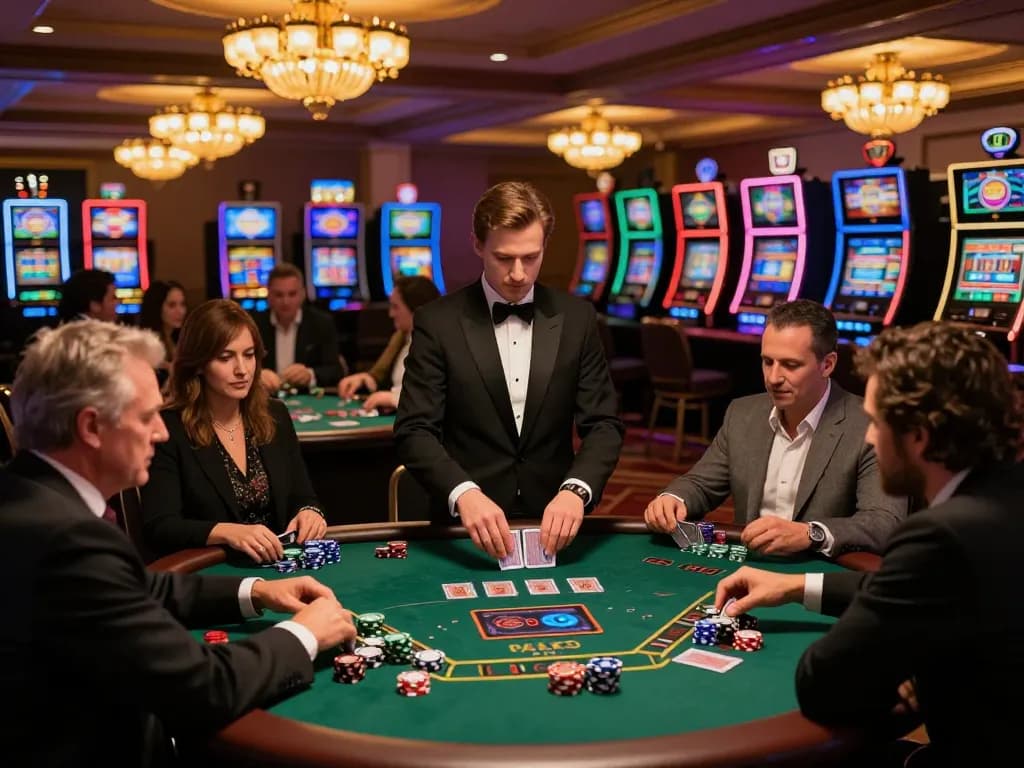 Players engaged in a strategic blackjack game at o8 casino under warm ambient lighting.