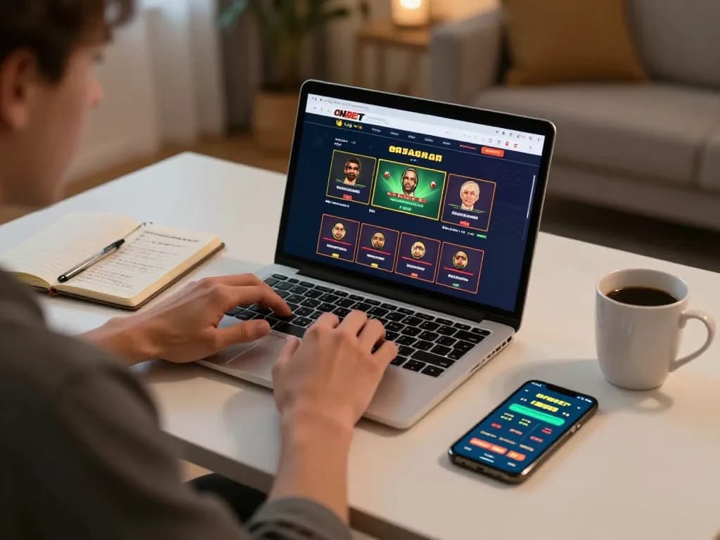 Player engaging in strategic online gaming with ONBET, showcasing betting strategies and a cozy atmosphere.