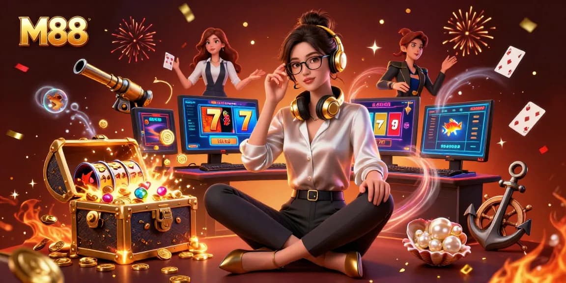 M88 casino experience with Asian professional female gamer amidst colorful slots and coins.