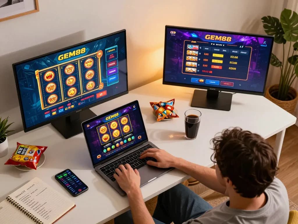 Engaging in GEM88 online gaming session with a laptop and tablet in a cozy home office environment.