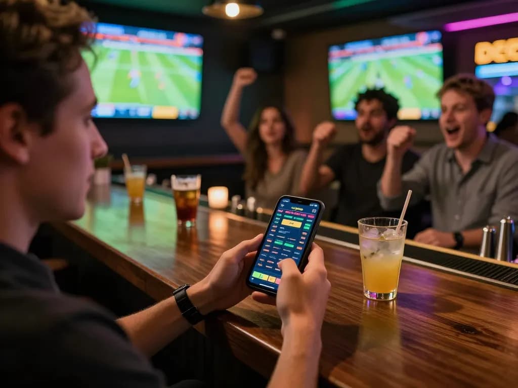 Person using mobile app for Bsport sports betting at lively bar, highlighting dynamic sports entertainment.