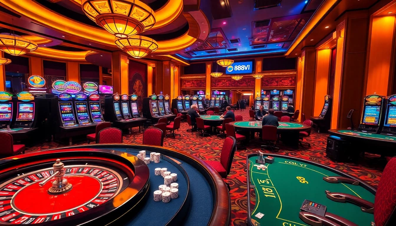 Players enjoying their bets at 888VI casino tables, surrounded by vibrant slot machines and roulette wheels.