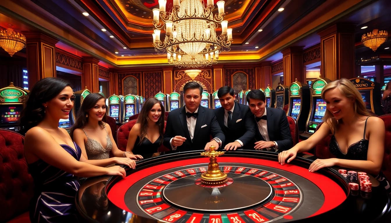 SODO CASINO players enjoying a thrilling roulette game amidst vibrant slot machines.