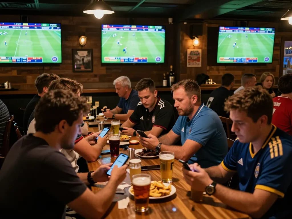 Engaged sports bettors analyzing odds at a lively bar for Nhận định kèo strategies.