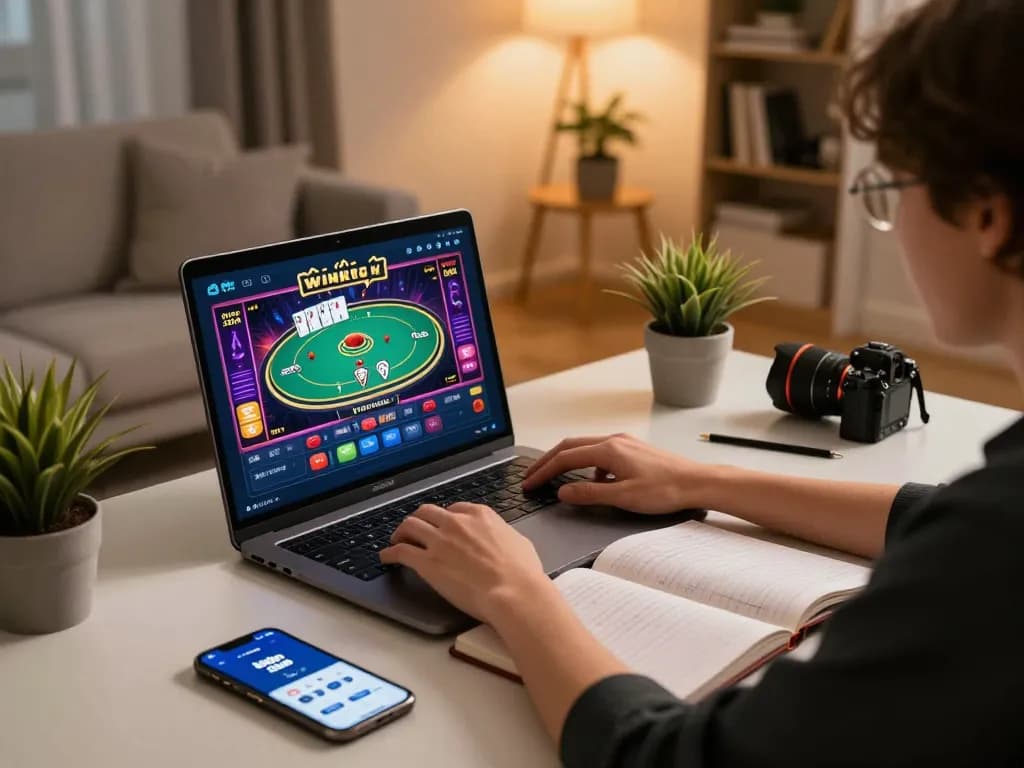 Experience online poker with iwin club in a cozy home setup featuring strategy notes and gaming app.