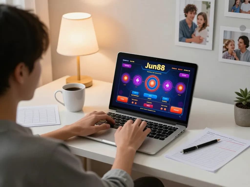 Player engaging in online gambling on Jun88 with a laptop showcasing the casino interface and cozy home environment