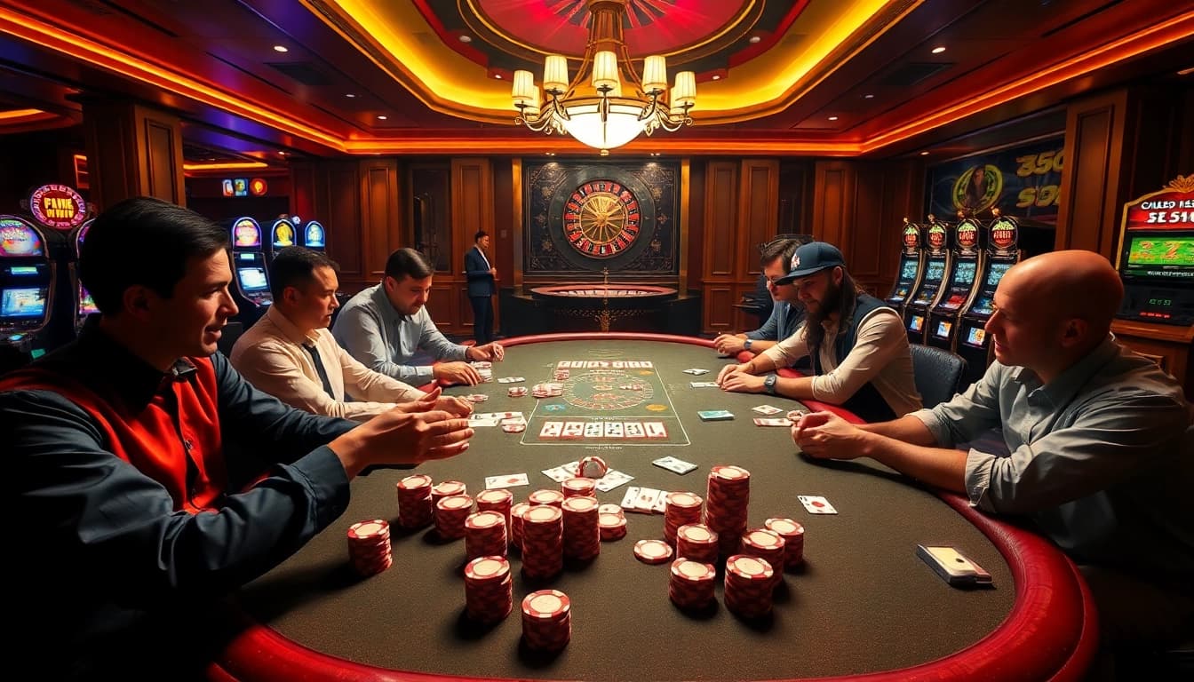 Engaged players enjoying poker at a casino table, reflecting the excitement of https://555win5.co.com/.