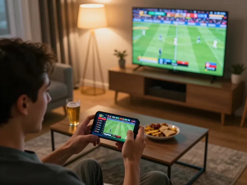 Cá Độ Bóng Đá Online betting action in a lively living room with a smartphone.