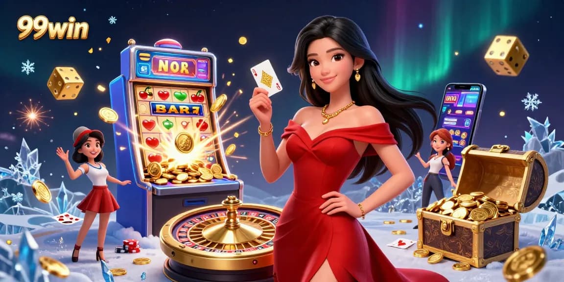 Experience the excitement of 99win with a stunning Asian woman and casino elements, including a roulette wheel and vibrant slot machine.