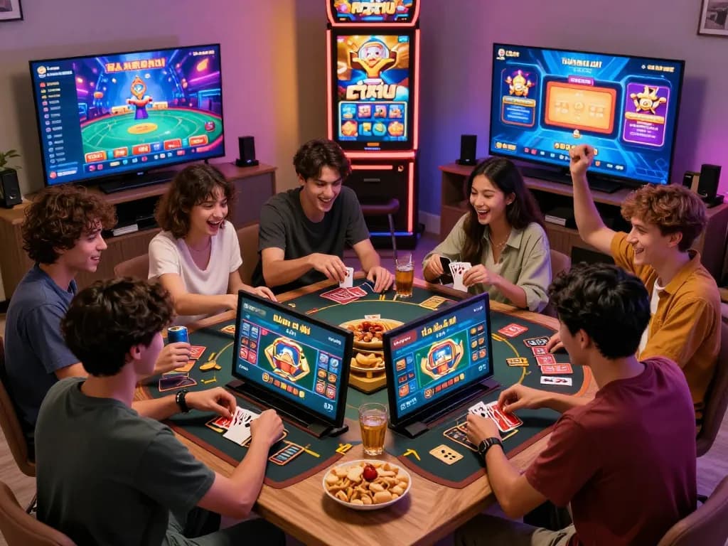 Engaged players enjoying rikvip online card games in a vibrant living space.