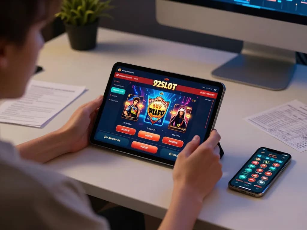 Player enjoying 92SLOT online gaming experience on a tablet with strategic notes nearby.