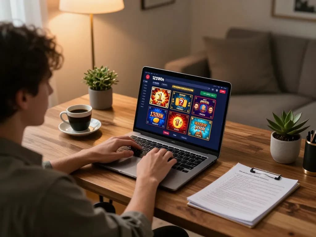Engaged player using 123Win co online gaming platform at home, showcasing laptop and cozy setup.
