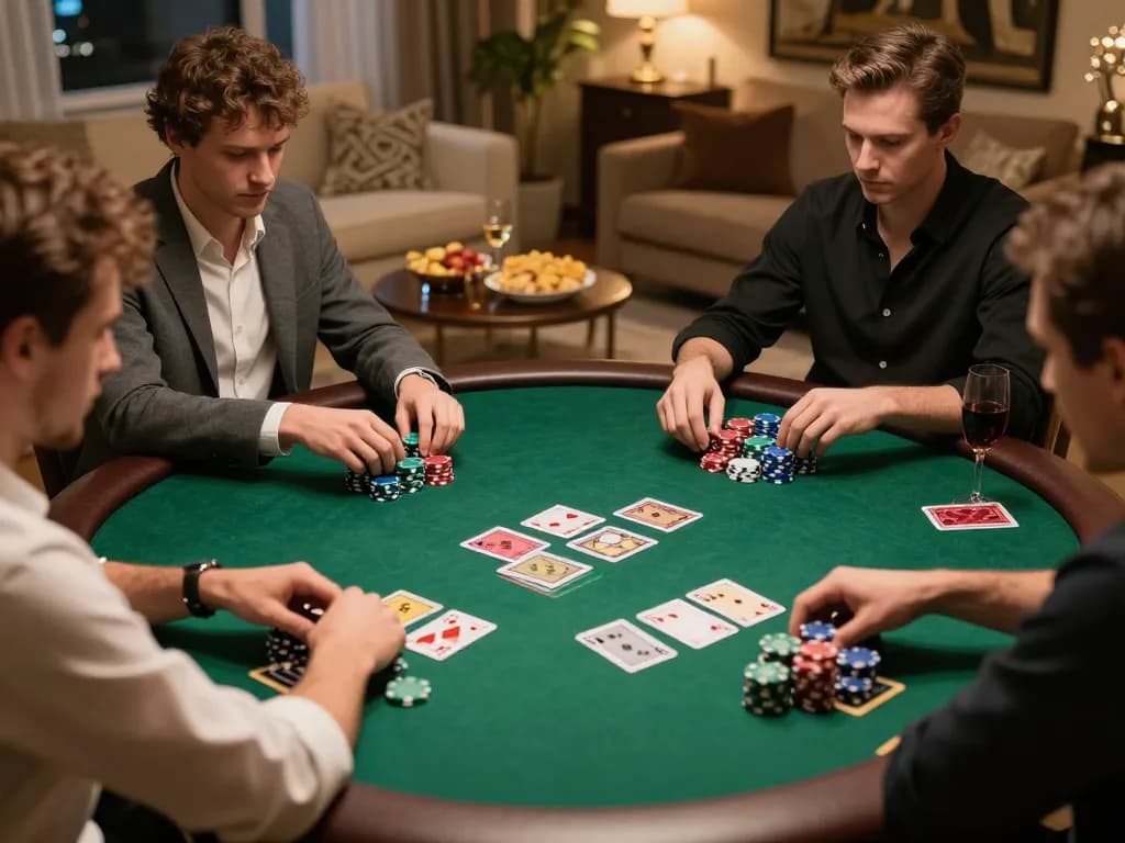Players strategizing in a high-stakes poker game at home showcasing sunwin20 gaming excitement.