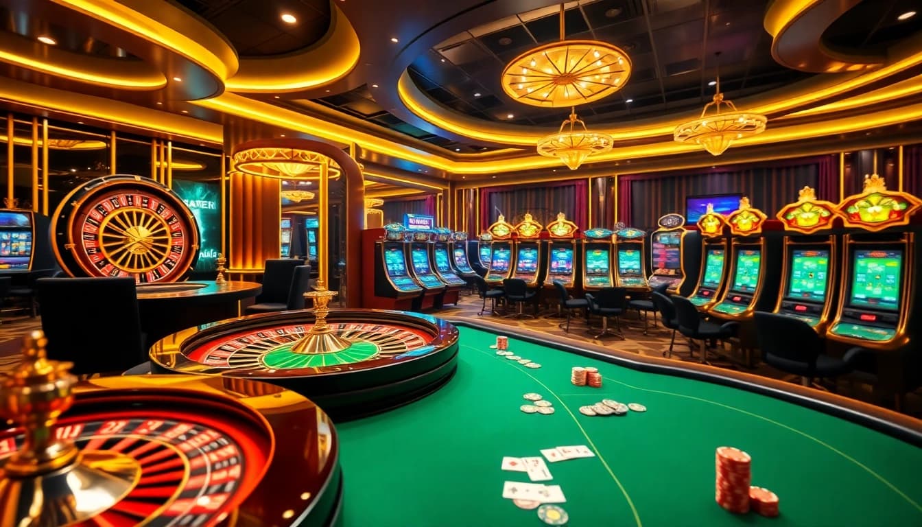 Players enjoying high-stakes gaming at QQ88pro Vip casino, featuring vibrant slot machines and poker tables.