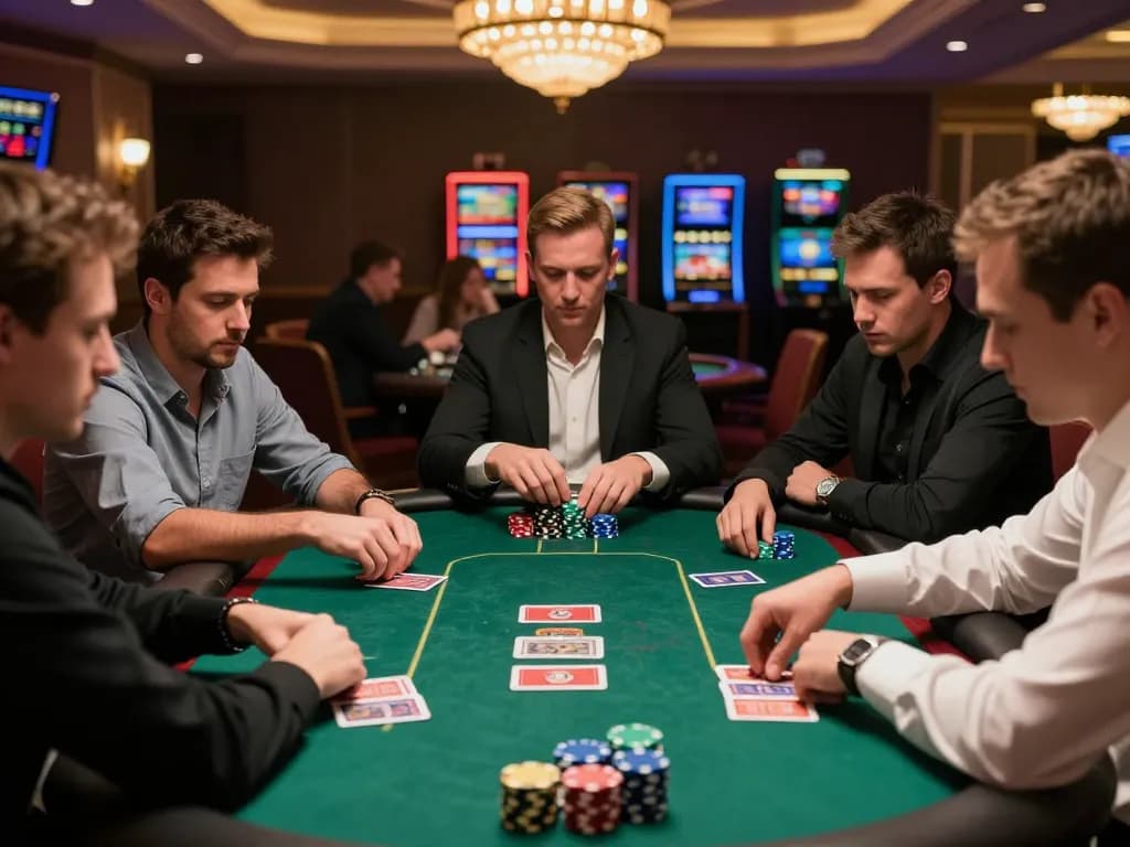 Players strategizing in a high-stakes poker game at 98win casino with immersive casino ambiance.
