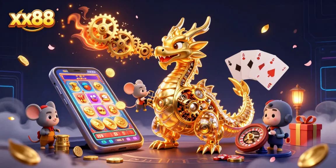 Engage with the xx88 online casino experience through a vibrant 3D illustration showcasing games and lucky symbols.