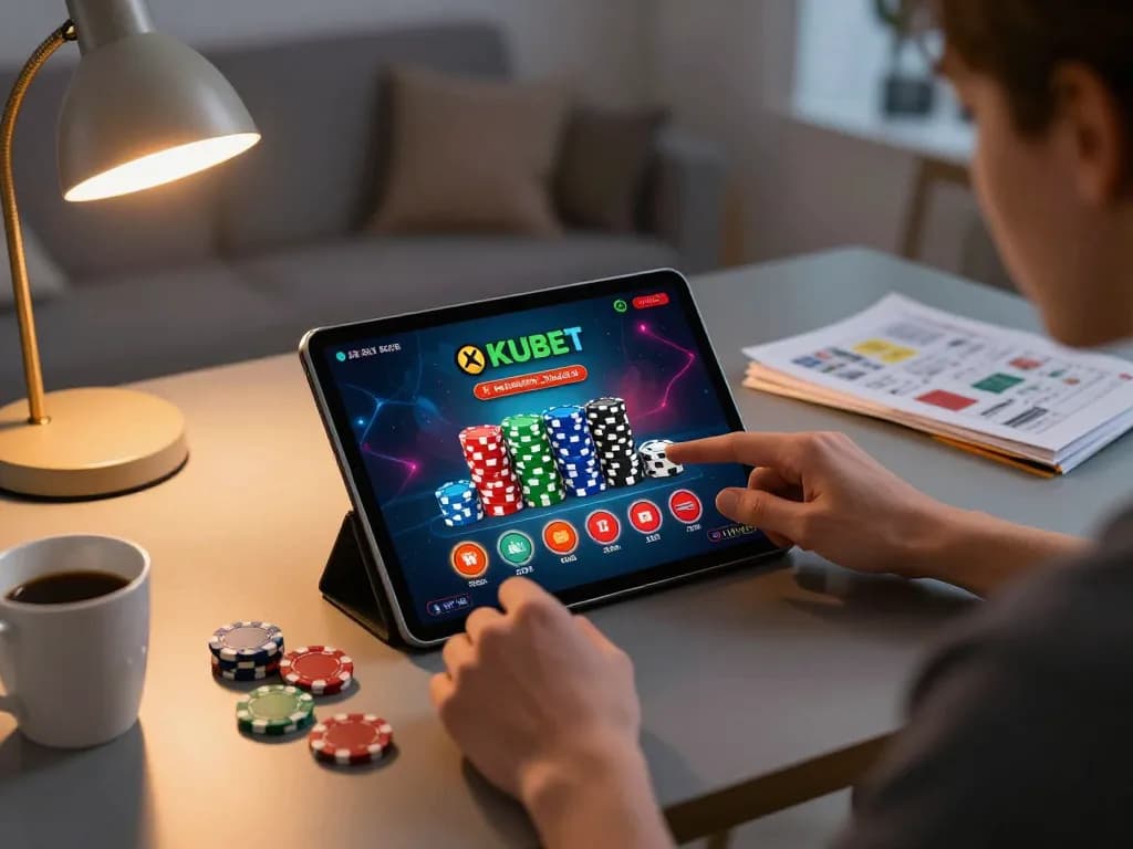 KUBET app on tablet with poker chips, illustrating an engaging online gambling scene.