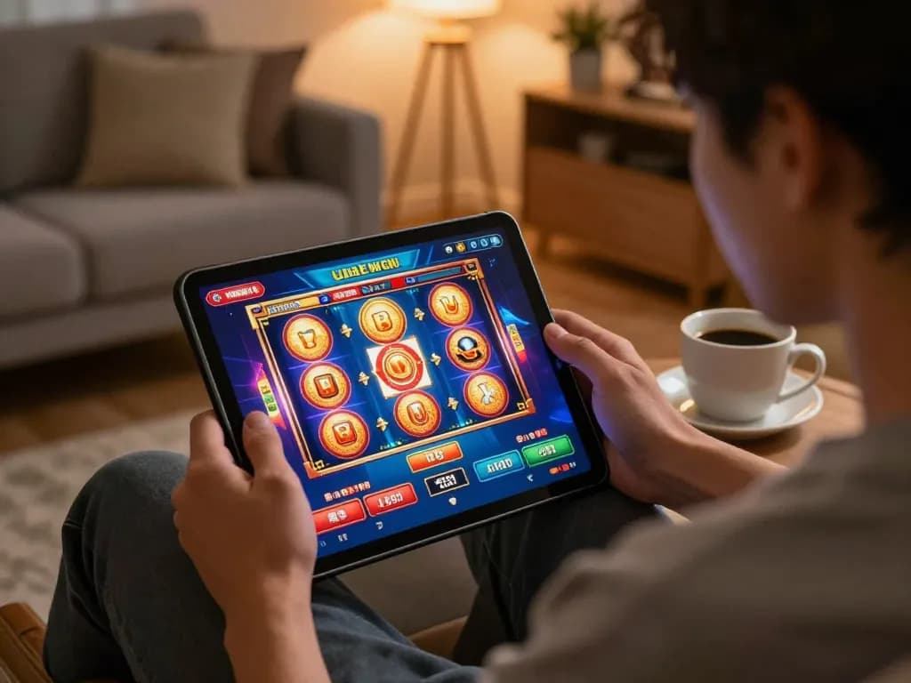 Engaging in U888 online casino game on a tablet in a cozy home setting, emphasizing strategic gameplay.