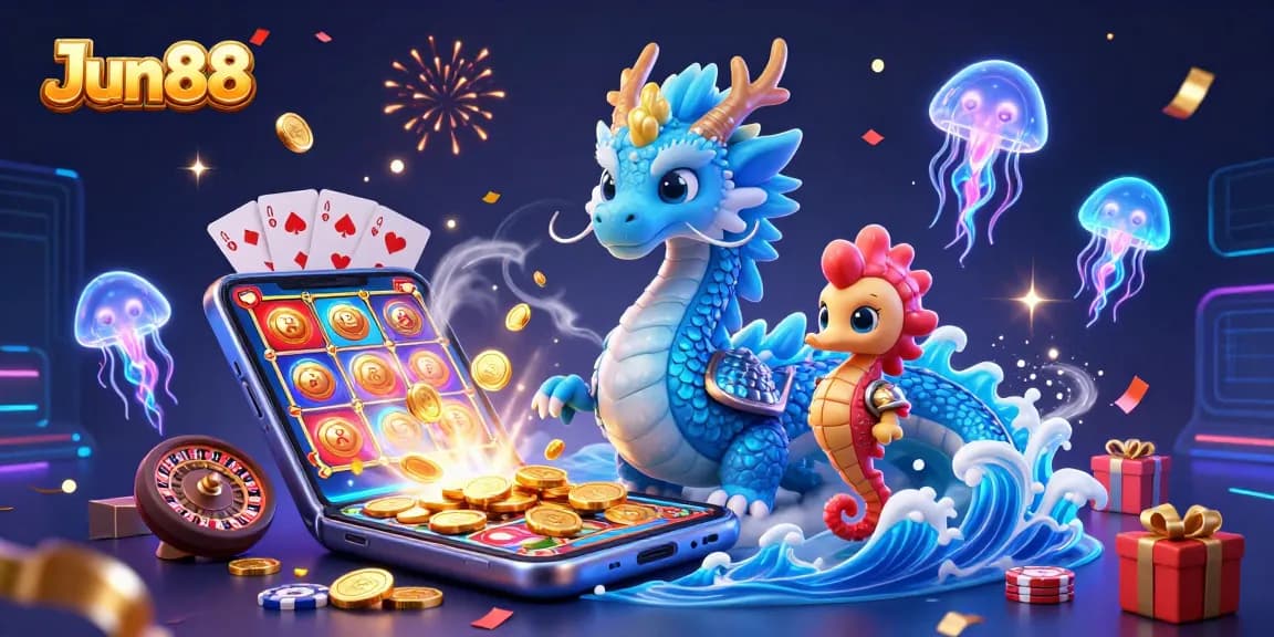 Engage with Jun88's vibrant casino world featuring epic dragons, seahorse knights, and glowing jellyfish.
