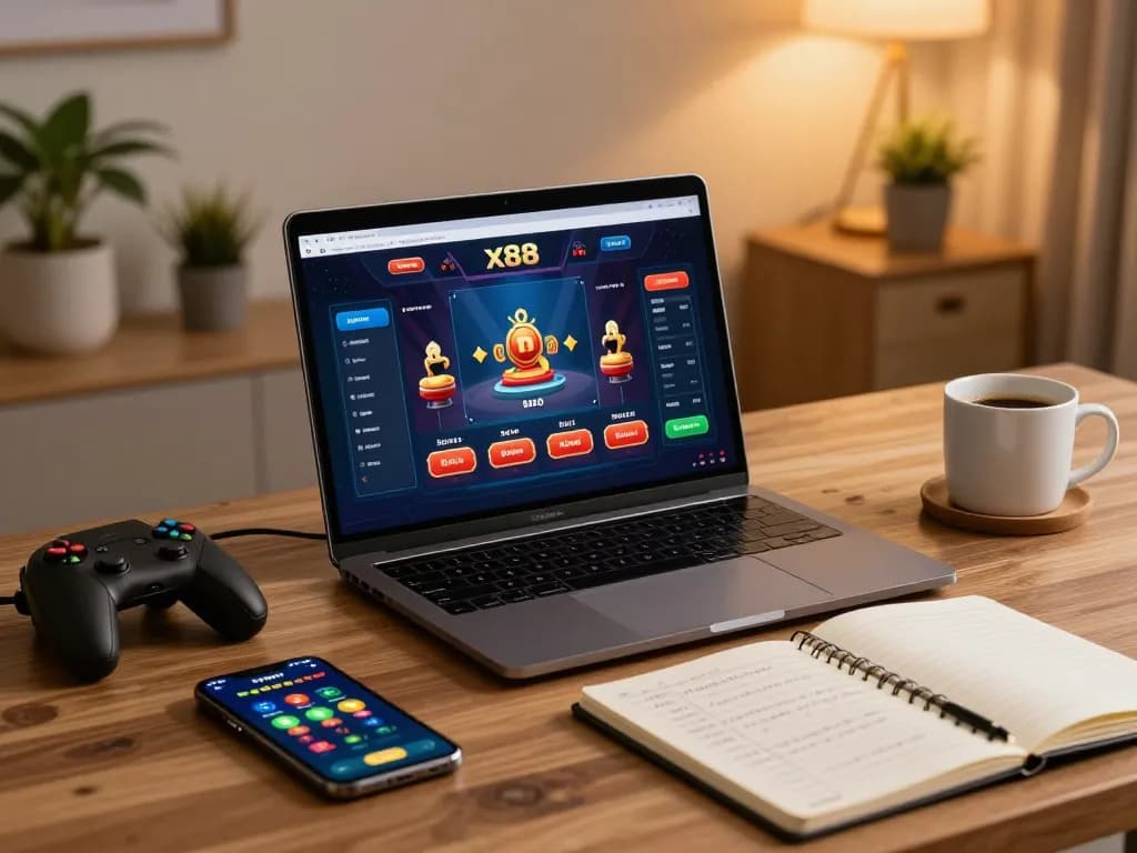 x88 online casino gaming setup with laptop and strategic notes in a cozy atmosphere