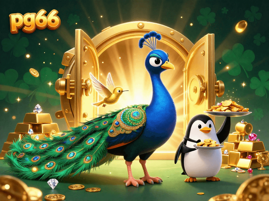Experience thrilling wins at pg66, where an aristocratic peacock and butler penguin celebrate with gold and gems!