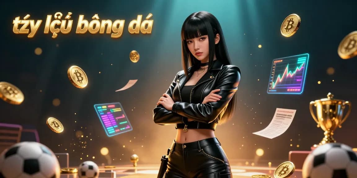 Bet on tỷ lệ bóng đá with a striking Asian woman and dynamic sports elements in a vibrant illustration.