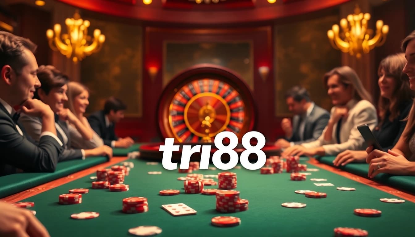 Experience the thrill of winning at a vibrant casino table featuring tr88-themed poker chips and cards.
