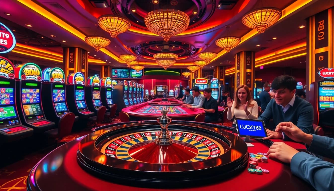 Engaging players enjoy LUCKY88's vibrant casino atmosphere filled with slot machines and roulette.