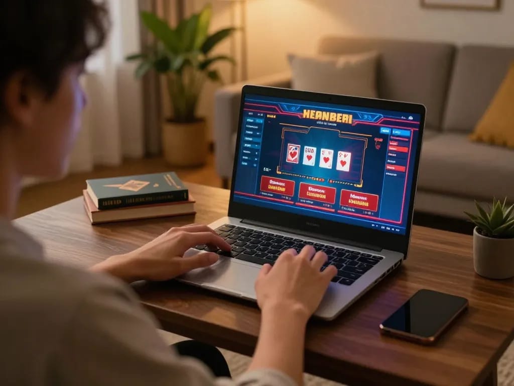 Engaging in online gaming at VS555 Casino with poker and slot games displayed on a laptop in a cozy setting.