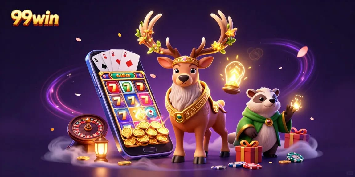 Experience the thrill of 99win with a 3D illustration featuring a casino spirit gathering riches and games.