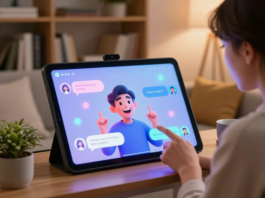 Interactive AI sex chat on a modern touchscreen device in a cozy setting.