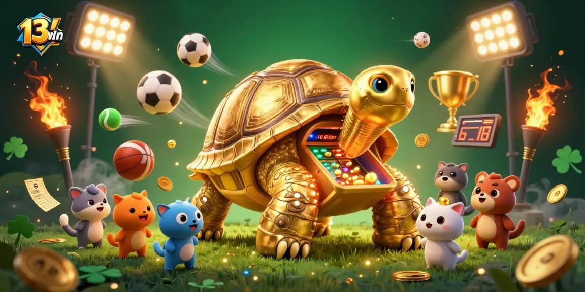 Engage with 13win's thrilling pinball-themed casino games featuring golden tortoises and sports action.