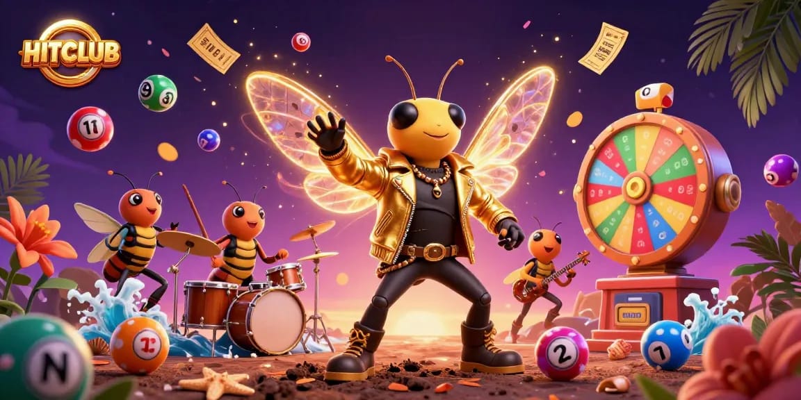 Engage with HITCLUB as a 3D cicada rock star, vibrant lottery elements, and dynamic gaming scenes unite in a colorful display.