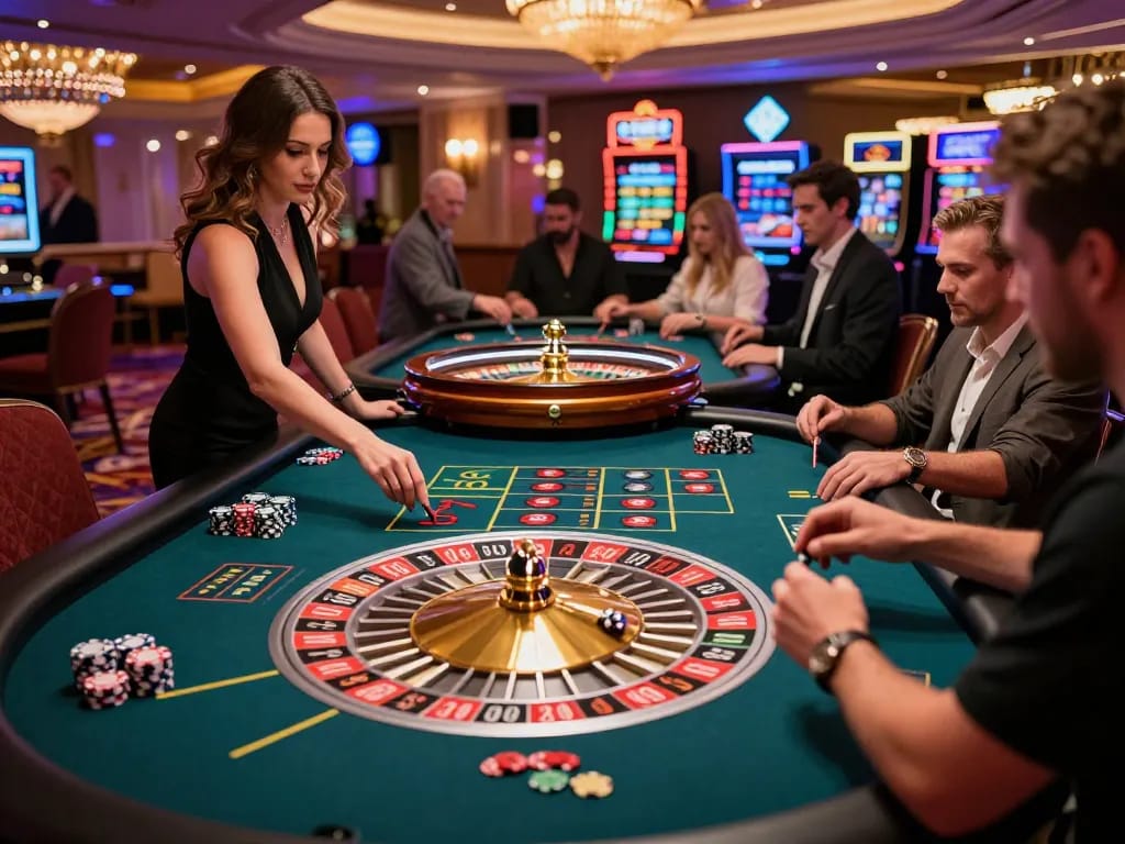 MM88 roulette players placing bets in a vibrant Las Vegas casino scene.