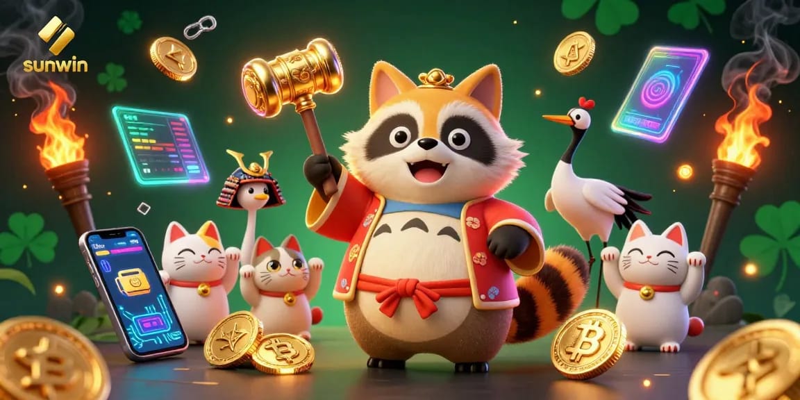 Experience gaming excitement with sunwin, a vibrant 3D illustration of a cheerful tanuki and fortune cats.