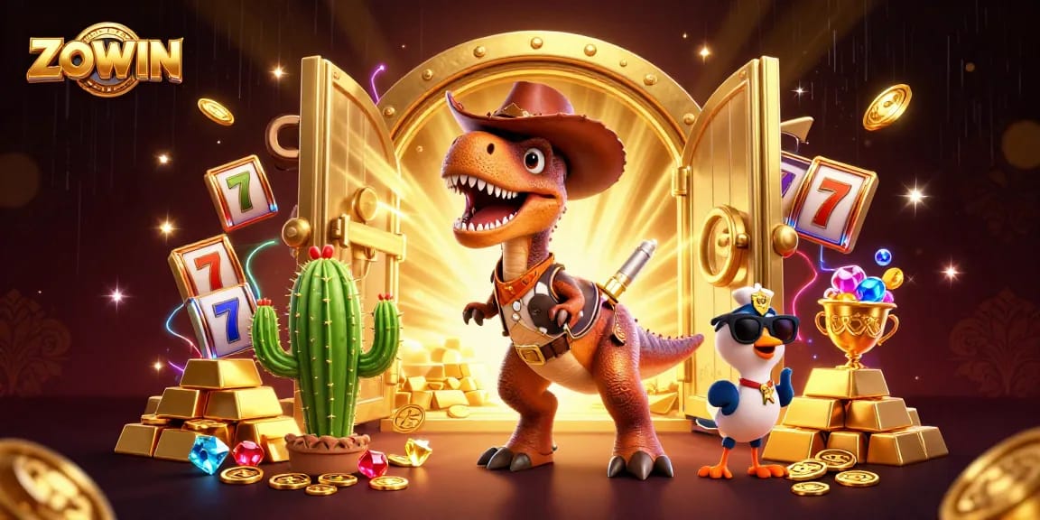 ZOWIN brings excitement with a vibrant 3D illustration of a cowboy dinosaur, treasure and slot elements enhancing the casino atmosphere