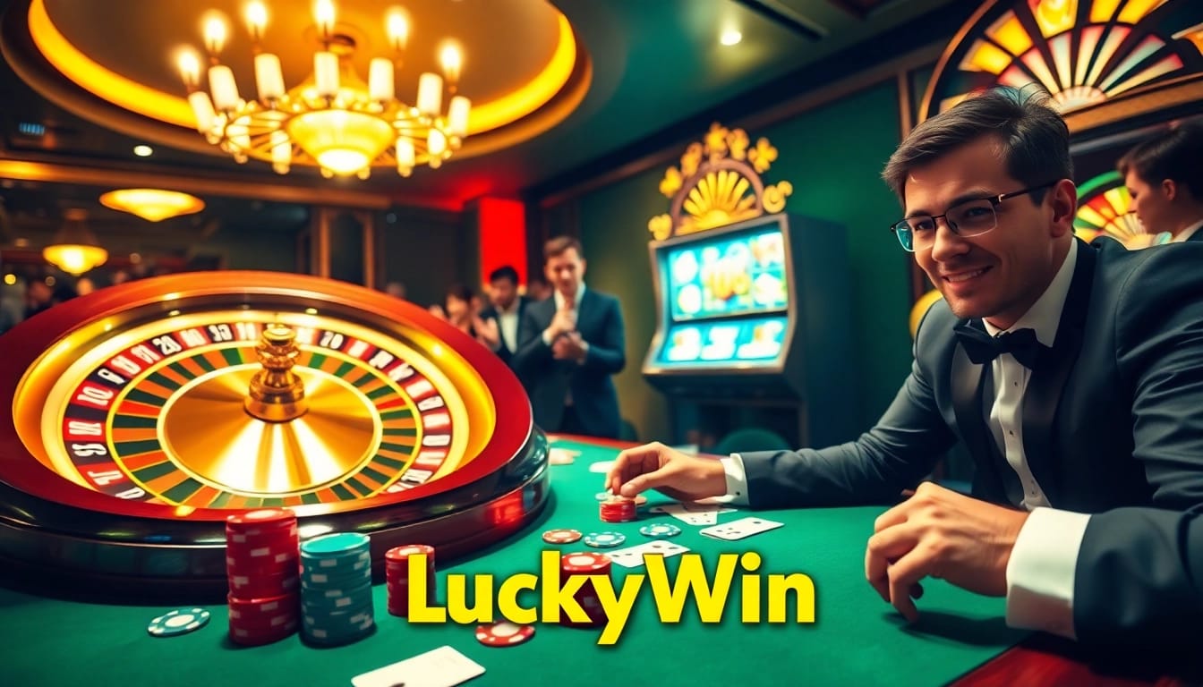 LuckyWin casino scene with vibrant gaming tables, poker chips, and excited gamblers.