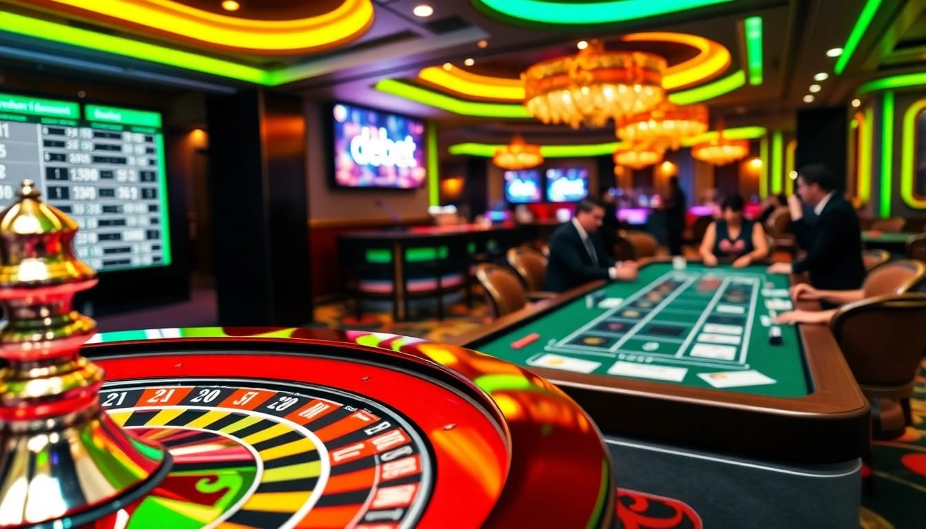 Experience the excitement of de bet with a luxurious casino gaming scene featuring roulette and poker.