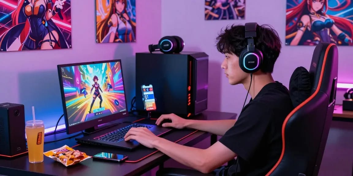 Exciting gamer enjoying ecchi games online with vibrant RGB lighting and snacks.