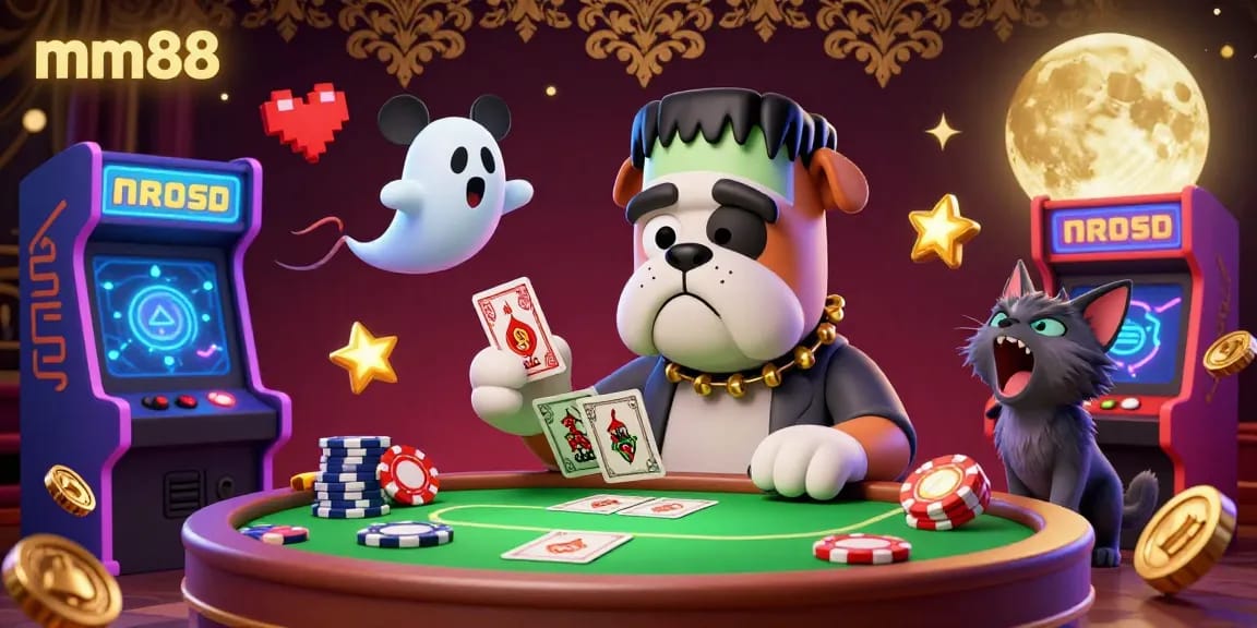 Experience thrilling gaming action at mm88 with a cartoon Frankenstein bulldog dealing cards in a haunted atmosphere.