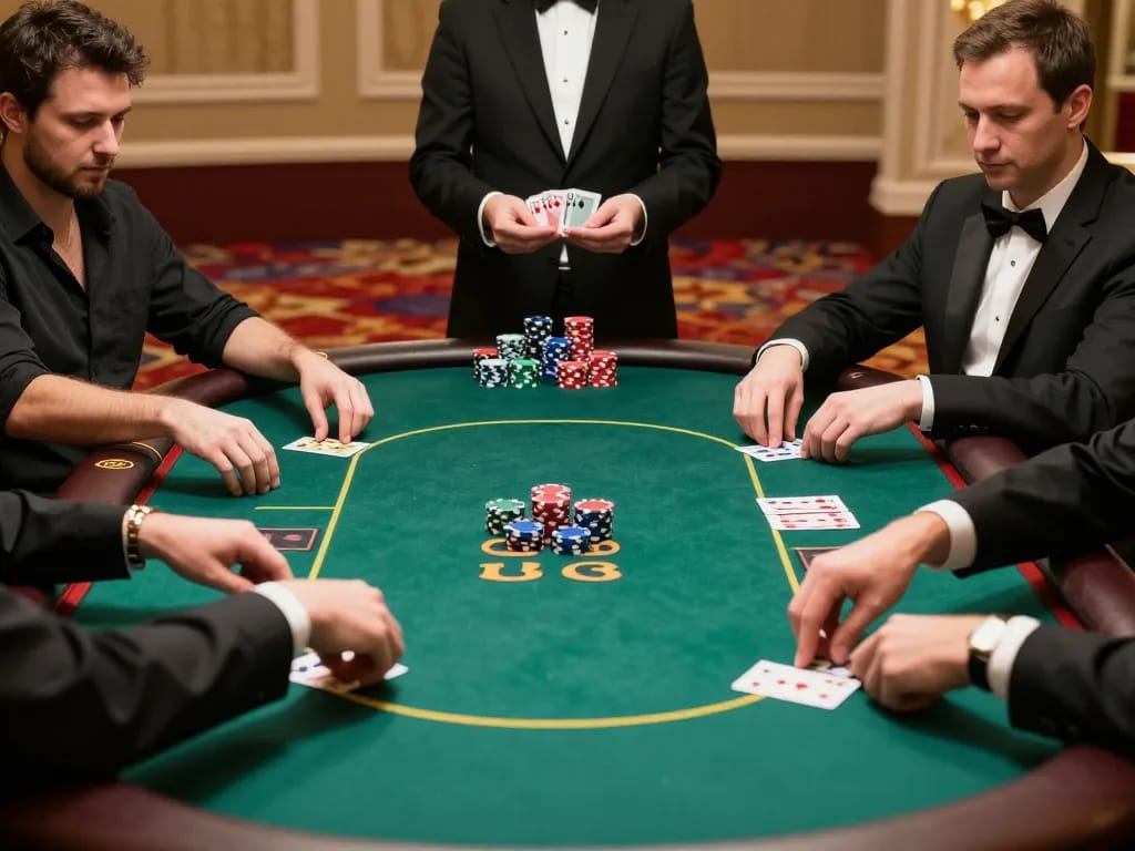Daga poker enthusiasts placing bets at a high-stakes game table in a luxurious casino atmosphere.