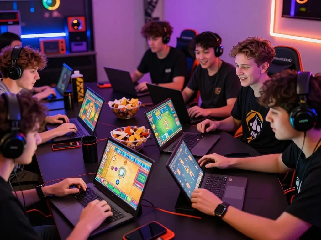 Players enjoying online game bài in a vibrant gaming space with colorful screens.