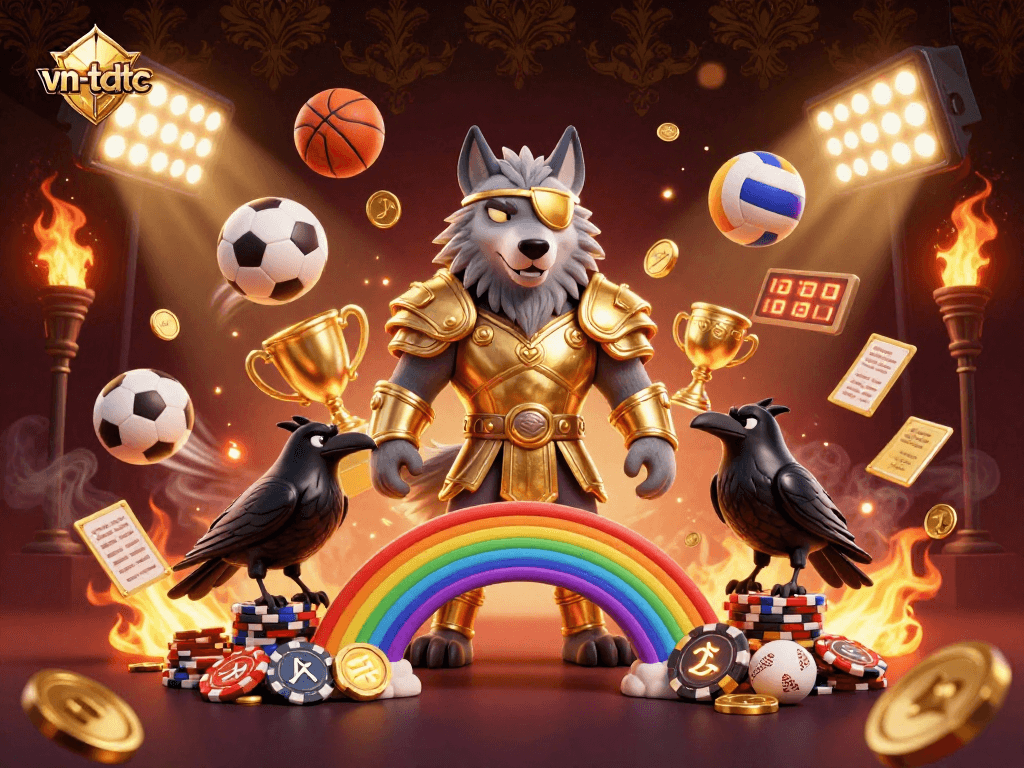 Engage with vn-tdtc in an action-packed 3D illustration featuring Odin and sports elements.