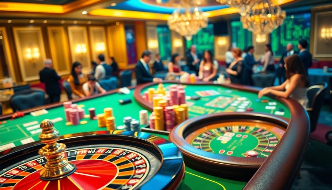 Engage in thrilling gameplay at QQ88 COM with vibrant casino tables, poker chips, and lively atmosphere.