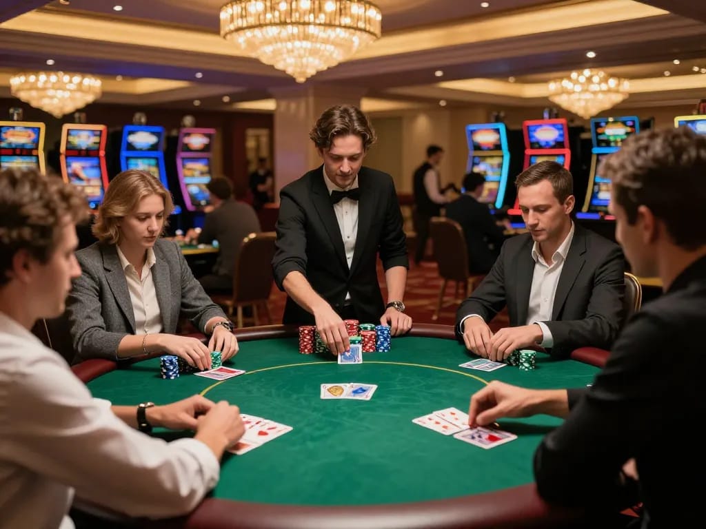 79 king players engaging in an elite poker game at a luxury casino, showcasing strategy and excitement.